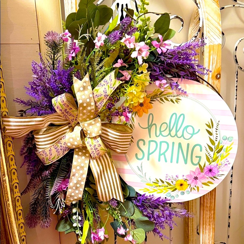 Spring Floral Wreath with Purple and Green Accents